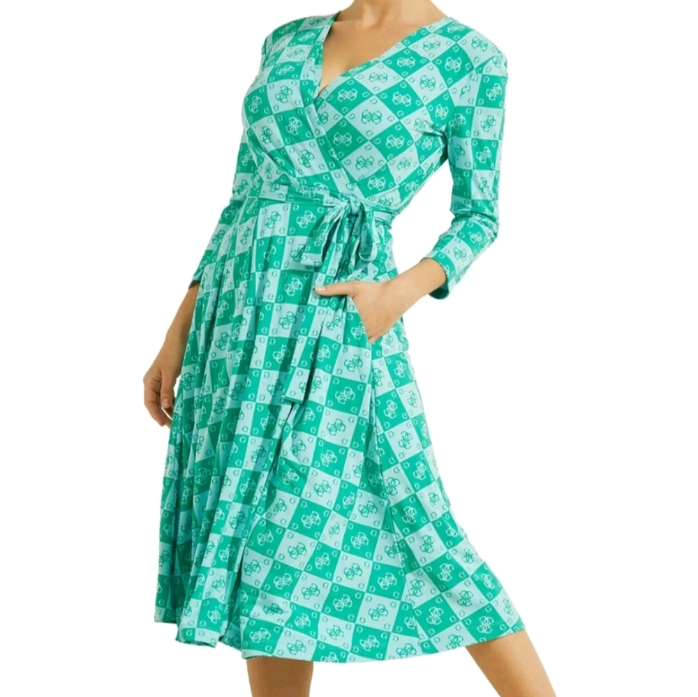 NEW Guess Wrap V Neck Midi Dress Aqua Size XS